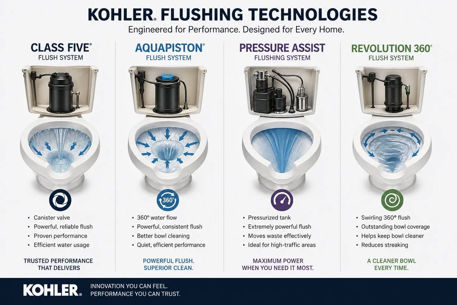 Kohler toilet flush systems comparison chart showing Class Five, AquaPiston, Pressure Assist, and Revolution 360 flushing technologies and how each system works