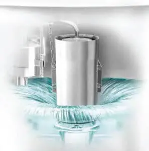 Kohler Class Five® canister flush system inside toilet tank releasing water evenly around valve for powerful 360 degree flush performance