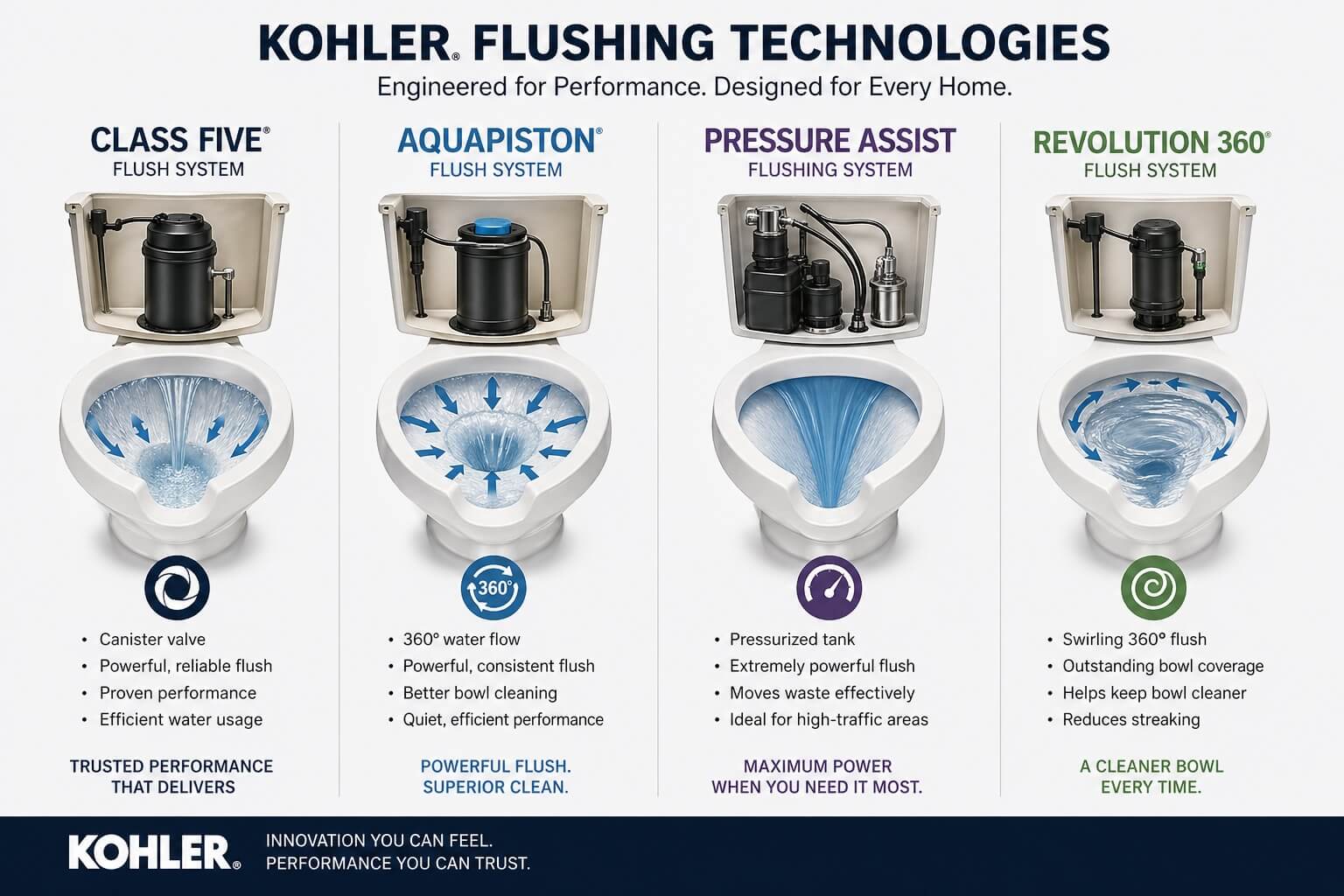 Kohler toilet flush systems comparison chart showing Class Five, AquaPiston, Pressure Assist, and Revolution 360 flushing technologies and how each system works