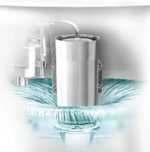 Kohler Class Five® canister flush system inside toilet tank releasing water evenly around valve for powerful 360 degree flush performance