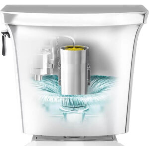 Kohler AquaPiston canister flush system inside toilet tank showing 360 degree water flow and high performance flushing mechanism
