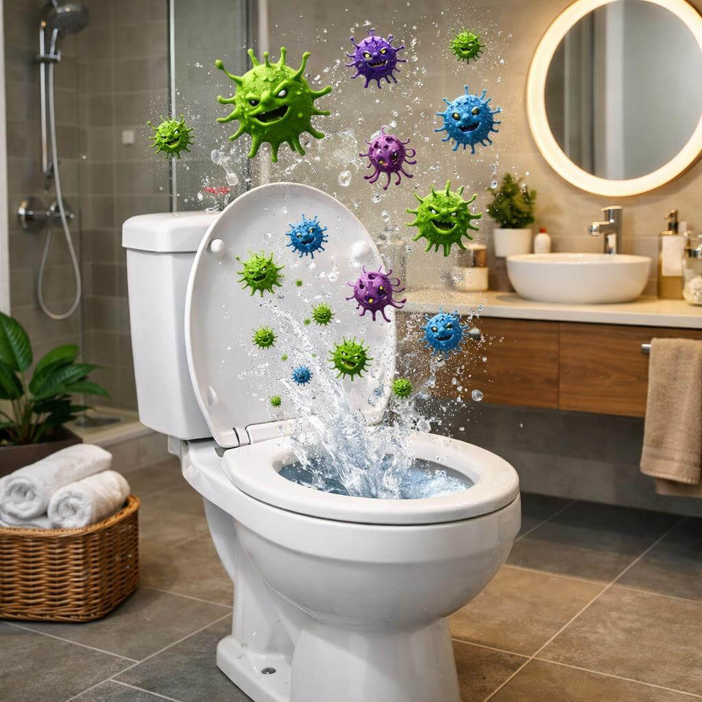 Illustration of toilet plume showing germs spreading into the air when flushing a toilet with the lid open in a modern bathroom.