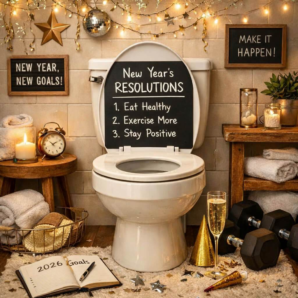 Festive bathroom with a modern toilet displaying New Year’s resolutions on a chalkboard for toilet maintenance tips