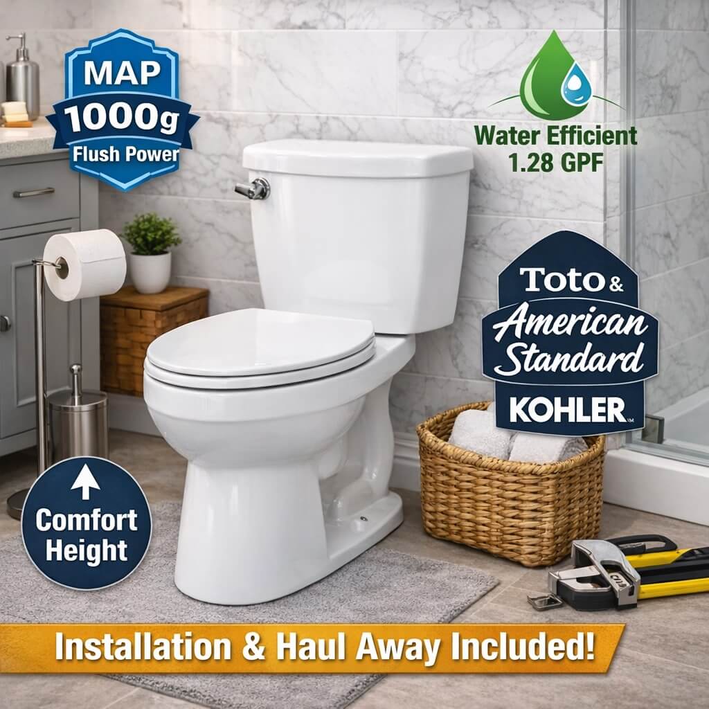 Modern white comfort-height toilet installed in a bright Northern Virginia bathroom, highlighting high flush power (1000g MAP), water efficiency (1.28 GPF), and professional installation with haul-away included by ToiletKing.